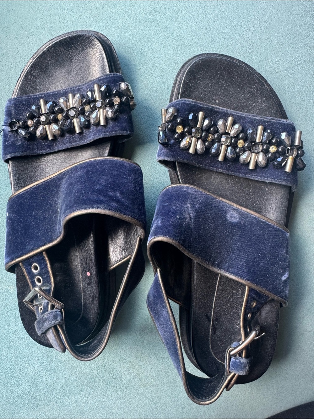 Brunello Cucinelli Navy Velvet Embellished Sandals EU 37.5 Made in Italy